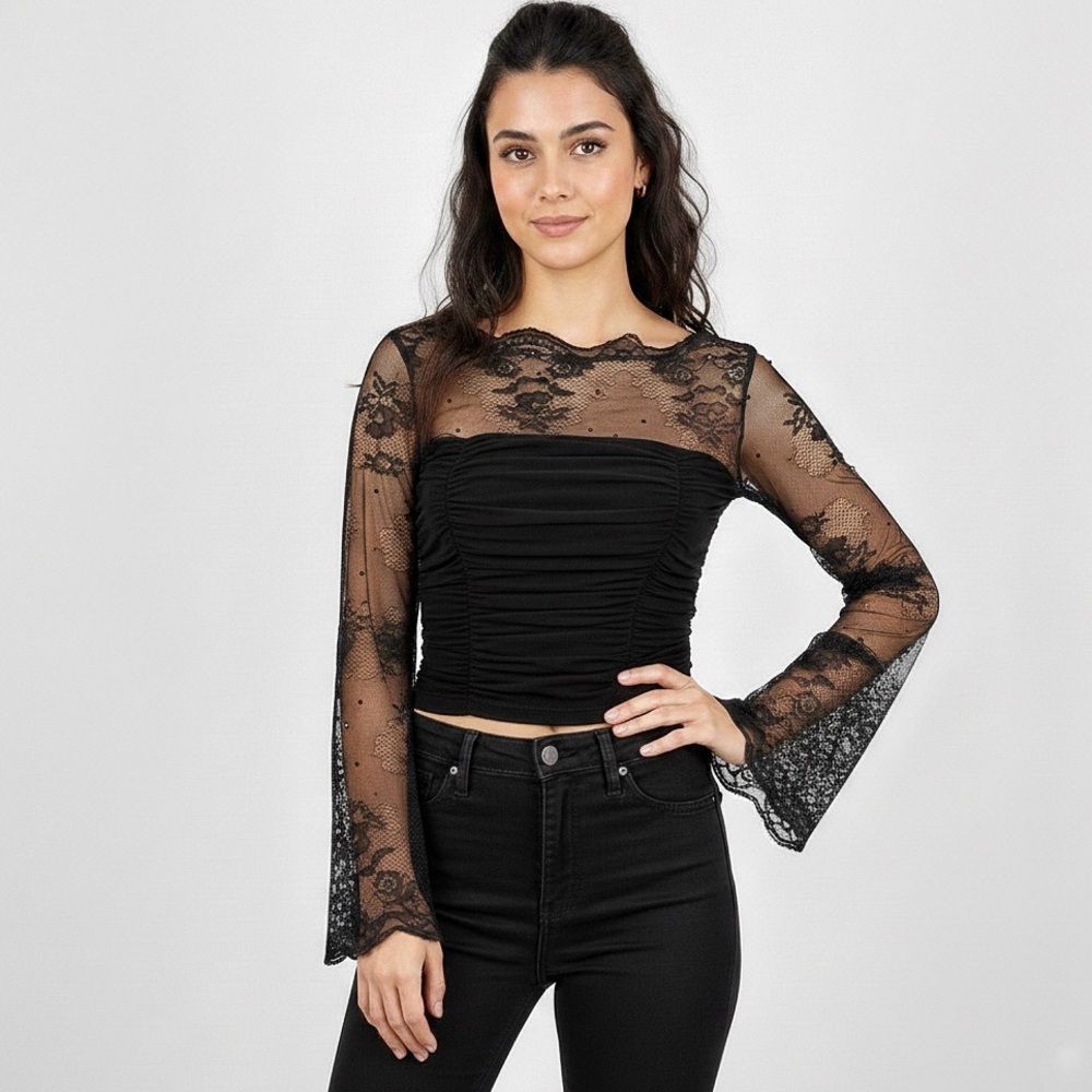 Veronique Young Goth Romantic Black Lace Ruched Blouse Sheer Floral Lace 6 Small